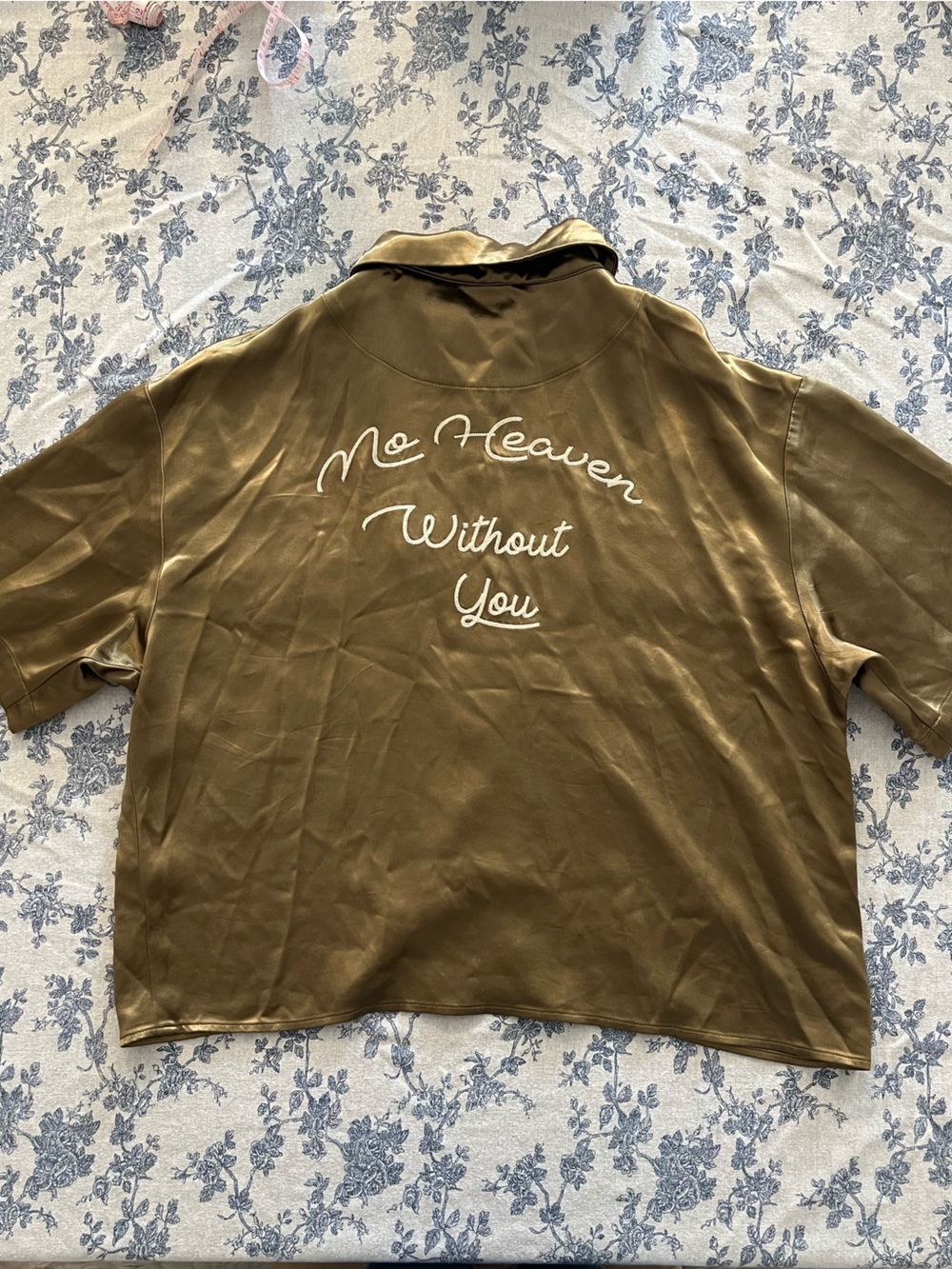 Olive Green Satin Button-Down Shirt with Embroidered ‘No Heaven Without You’